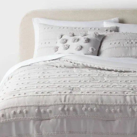 8pc Queen Clipped Stripe Poms Comforter and Sheet Set Gray -