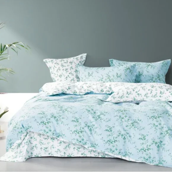 Summer‎ Eve Blue/Green Floral 100% Cotton Reversible Comforter Set Cottagecore