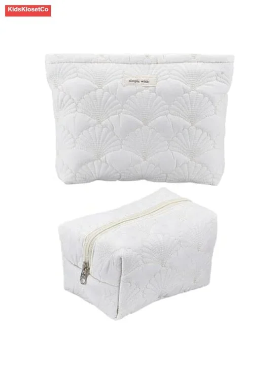 Quilted Seashell Makeup Bag Set - Large Travel Cosmetic Pouch with Zipper, Wide