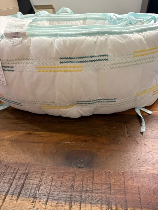 Pottery Barn Kids White Baby Nest with Mint Trim and Yellow Teal Stitching