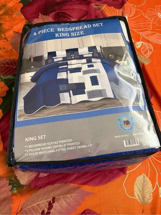 4-Piece King Bedspread Set - Blue & White
