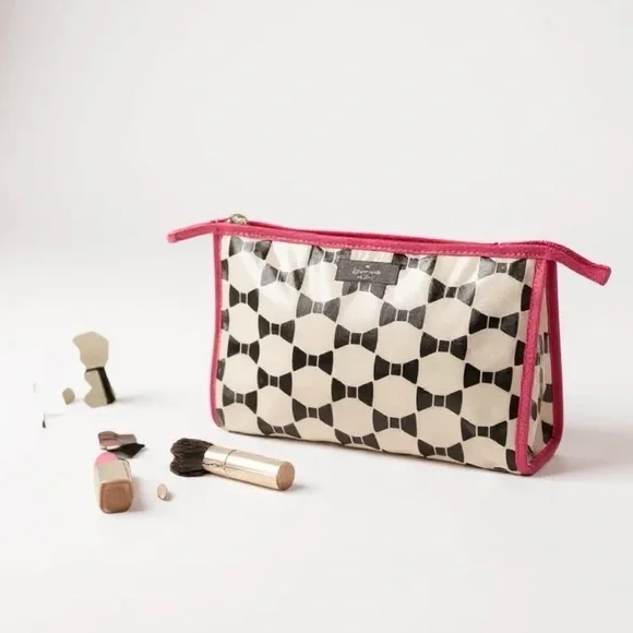 KATE SPADE Colin Makeup Bag Plastic Coating Hot Pink Black Bows White Zip