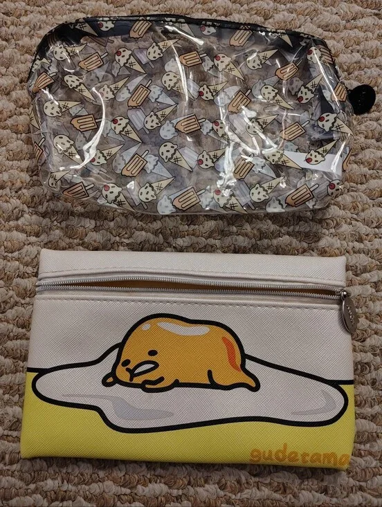 (2)Yellow & White Gudetama Zippered Accessory Pouch & Ice Cream Pouch