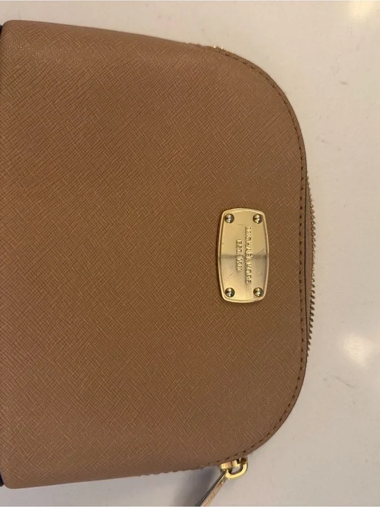 Michael Kors Brown/Tan Leather Zip Pouch with Gold Plaque