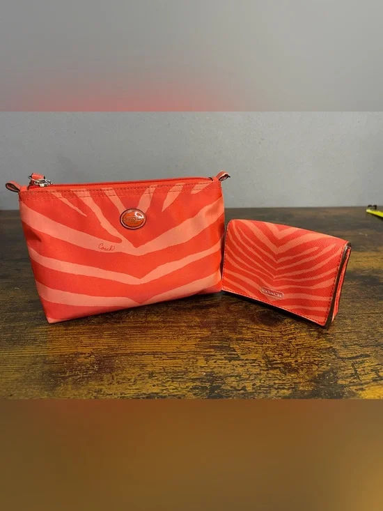 COACH Nylon Travel Bag And Wallet Zebra Print Orange Coral Lot
