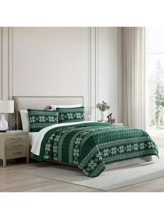 Lenox 3-Piece Quilt Set Snowflake Green FULL/QUEEN