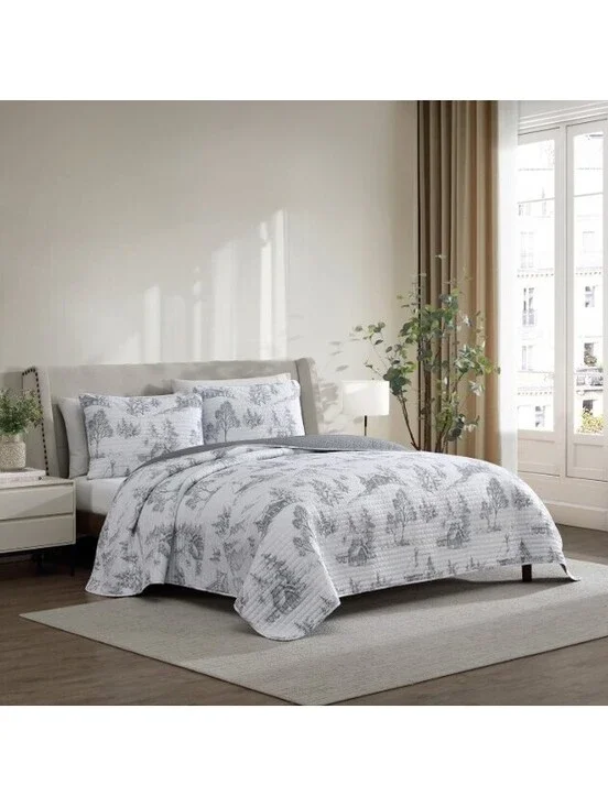 Lenox 3-Piece Quilt Set (Winter Scene Gray / White) FULL/QUEEN