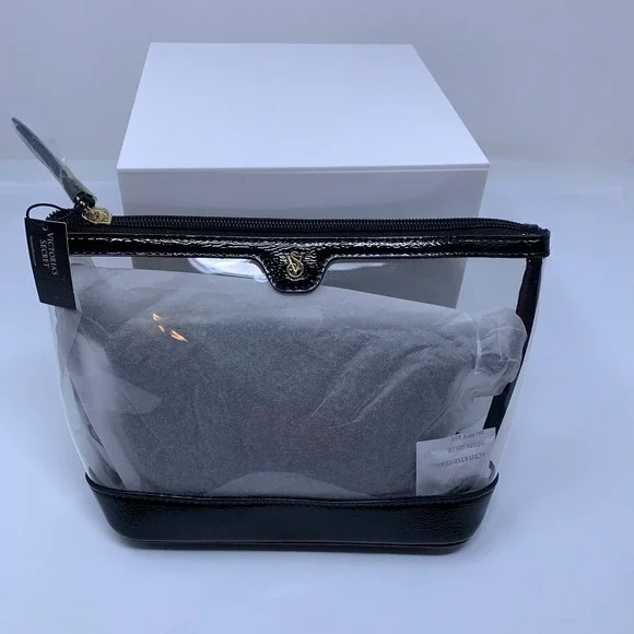 Victoria's Secret Women OS Black Clear Patent Trim Logo Cosmetic Makeup Bag NWT