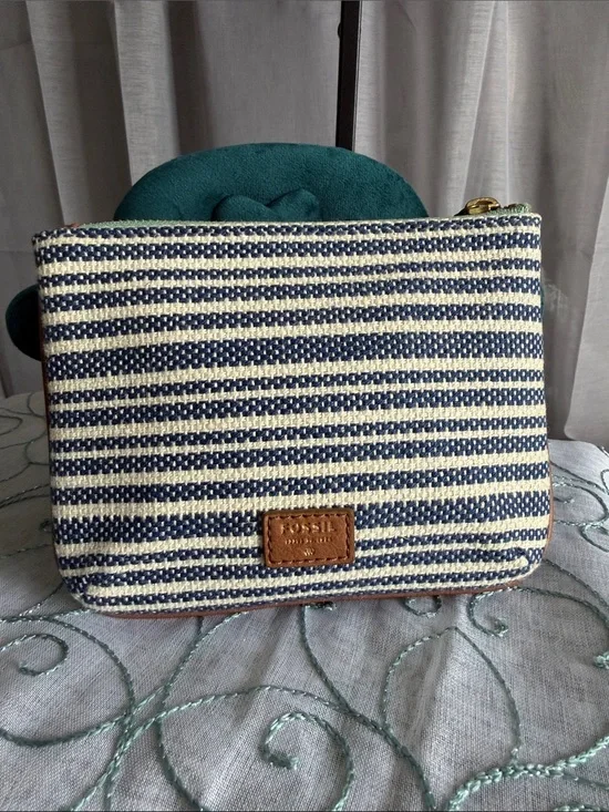 Fossil Navy and Cream Striped Pouch or Keychain