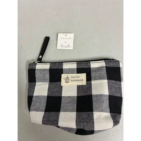 Design‎ by Riah Handmade Buffalo Plaid Canvas Pouch Black White Zipper Bag new