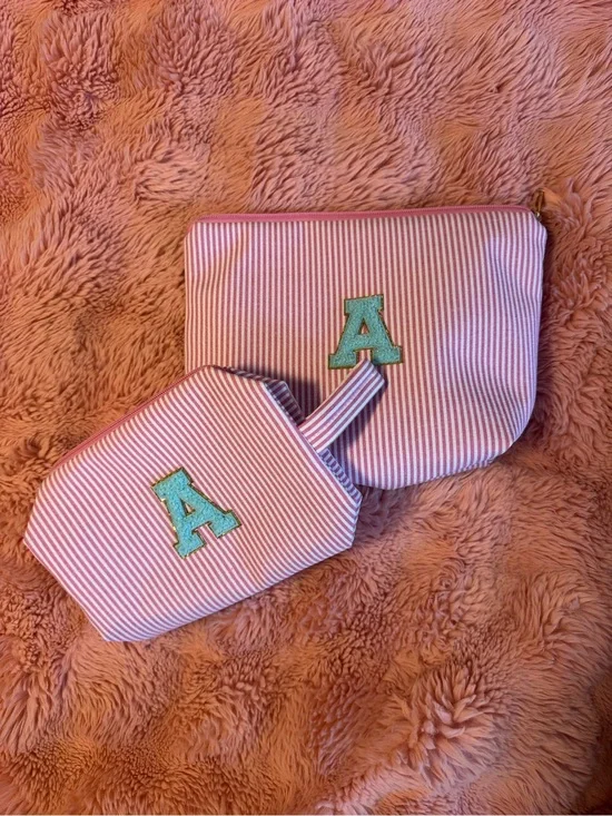 Monogrammed Pink Stripe Cosmetic Travel Bags 'A'