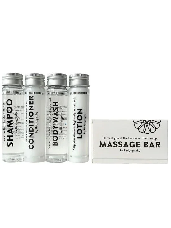 NEW! 5 Pc BODYOGRAPHY Toiletries Travel Set Shampoo Conditioner Lotion Wash Soap