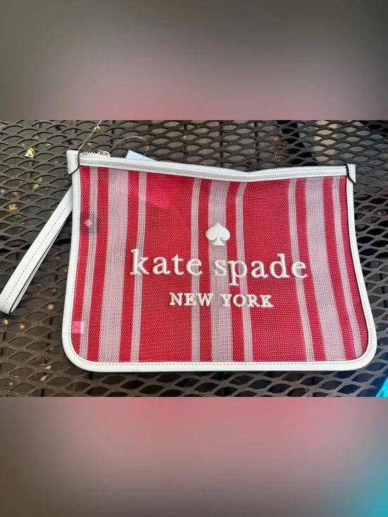Kate Spade New York Red & White Striped Mesh Wristlet Clutch NWT