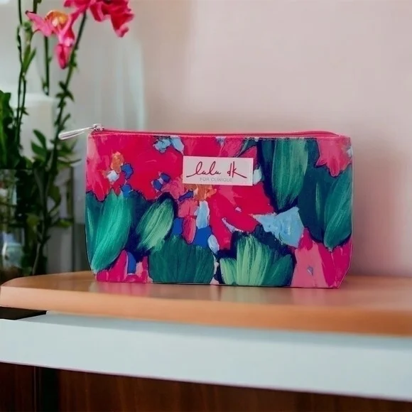 CLINIQUE Pink Green Blue Makeup Bag Travel Cosmetic Organizer Geometric Print