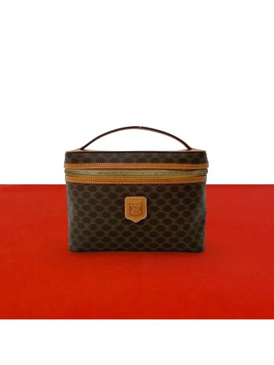 Celine Vintage Macadam Blason Pattern Leather Handbag Vanity Pouch Brown