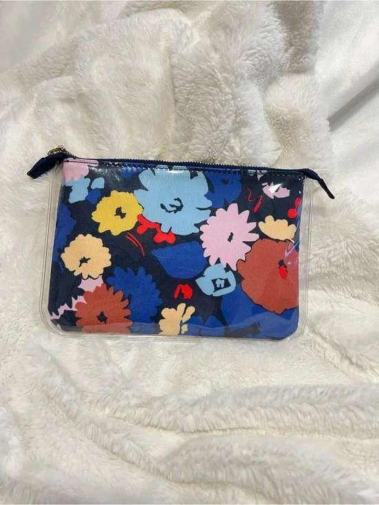 kate spade navy clear floral cosmetic pouch with red and yellow accents