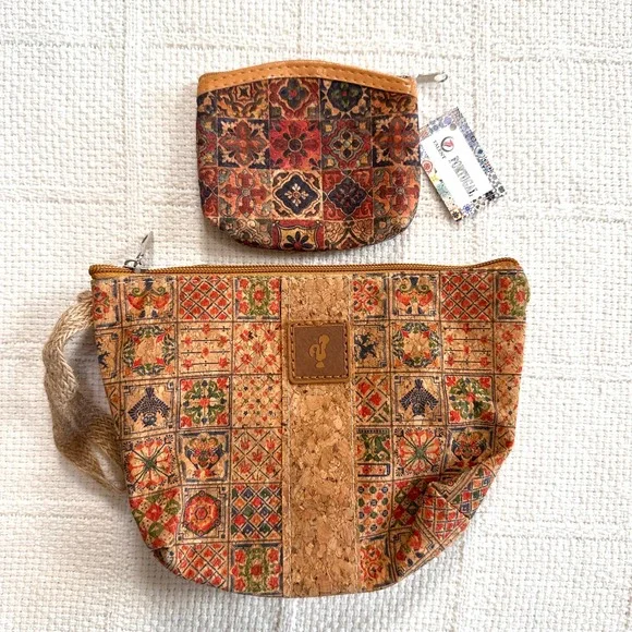 Portugal Cork Tile‎ Print Wristlet Pouch Coin Purse Set NWT Boho Eco Friendly