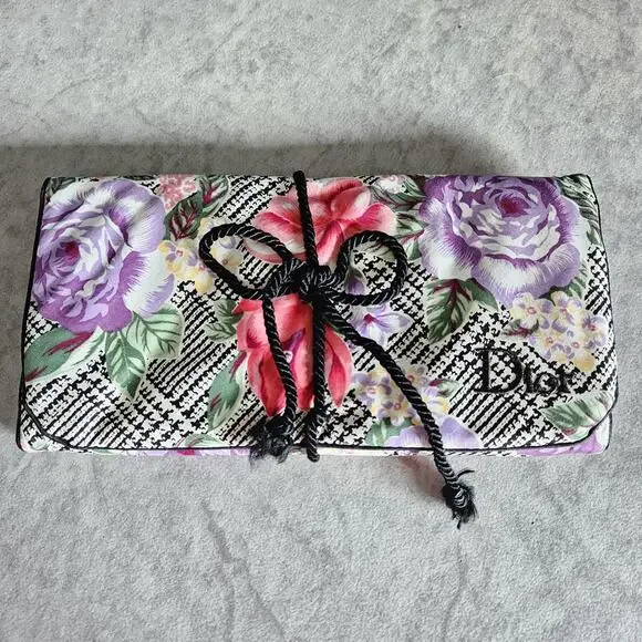 Christian Dior Pink Purple Floral Roll Up Cosmetic Bag Travel Organizer 9.5x5in