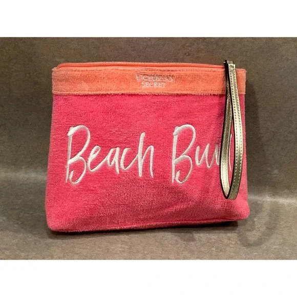 Victoria's Secret Beach‎ Bum Terry Cloth Wristlet Cosmetic Pouch Pink Orange