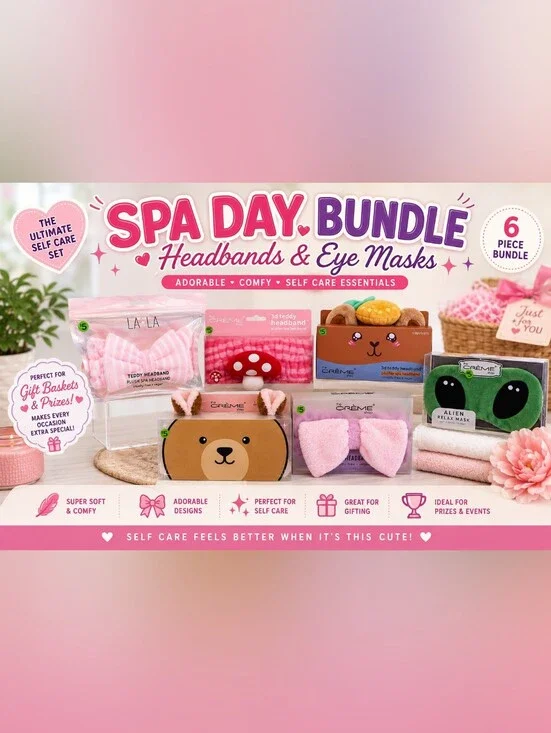 Cute Spa Headbands & Alien Eye Mask | Self Care Gift Basket- Bundle Of 6