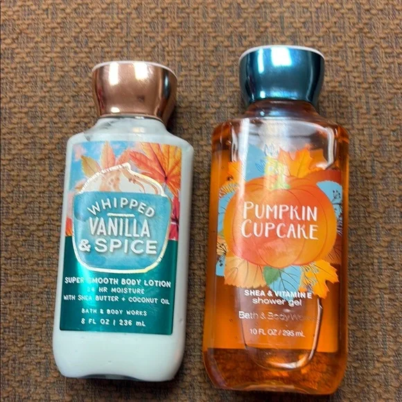 Bath and body whipped vanilla and spice lotion and pumpkin cupcake shower gel