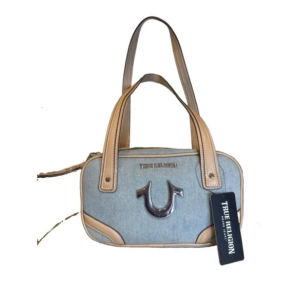 NWT True Religion Denim Shoulder Bag Y2K Bowling Bag Horseshoe Logo Light Wash