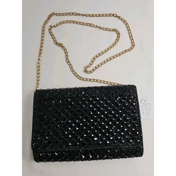 Vtg Black Evening Crossbody Bag Beaded Diamond‎ Shaped Overlay