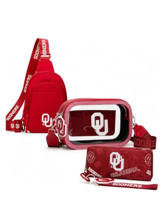 Oklahoma Sooners 3-Piece Bag Bundle Clear Crossbody Sling Wristlet RFID NCAA