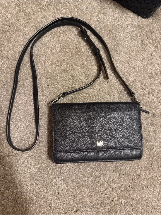 Michael Kors Black Pebbled Leather Flap Crossbody with Gold MK