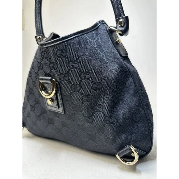 Gucci Vintage Abbey Hobo Bag Black GG Canvas Leather Trim D-Ring