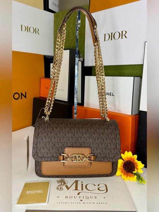 🆕MICHAEL KORS Ladies Heather Extra-Small Logo Leather Crossbody Bag Brown/Acorn