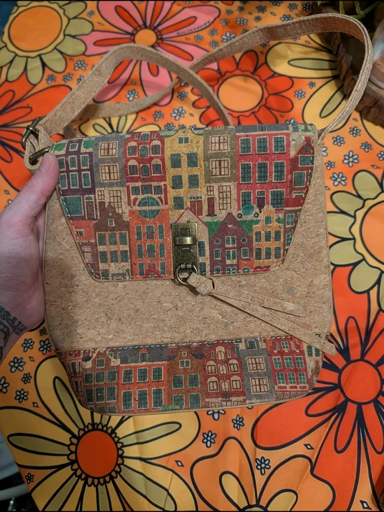 Cork Crossbody Bag with Colorful City Print