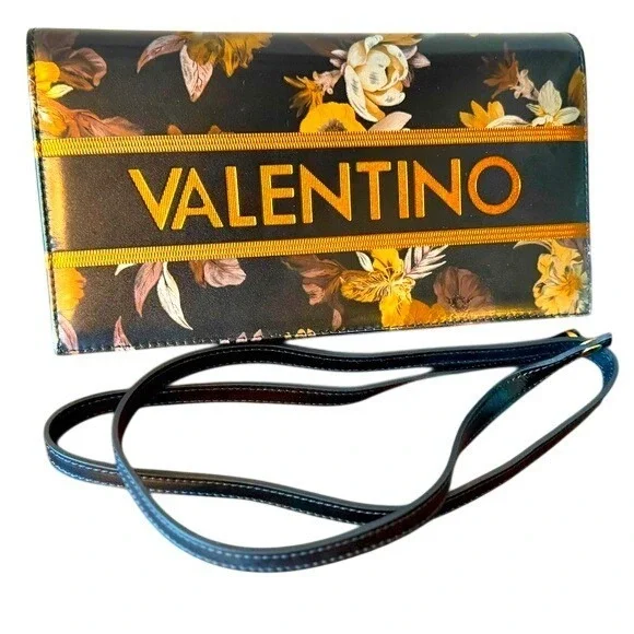 Mario Valentino Black Floral Leather Crossbody‎ Bag Logo Made in Italy - firm