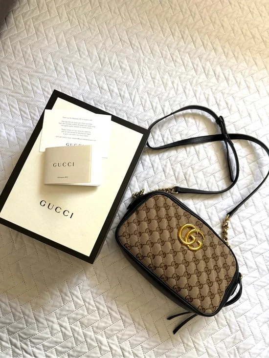 Gucci Beige Brown GG Supreme Crossbody Bag with Gold Double G