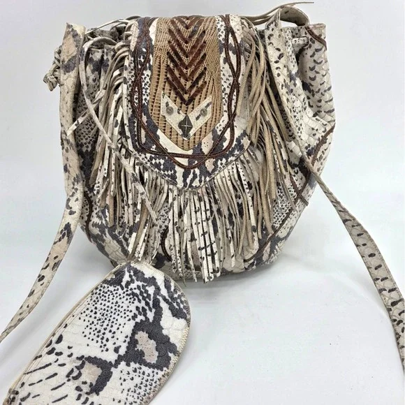 Vintage Hobo Bucket Bag Snakeskin Print‎ Fringe Leather Brown Cream Coin Purse