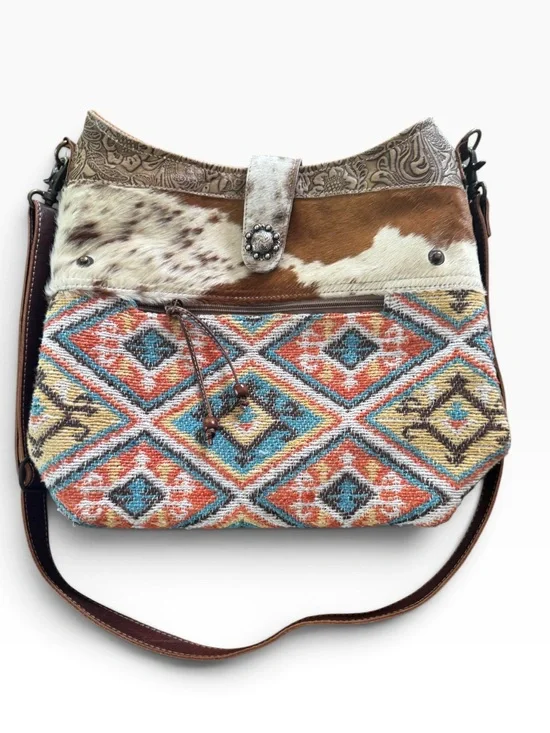 Myra Bag Multipastels Shoulder Bag Cowhide Canvas Aztec Western Purse S-469