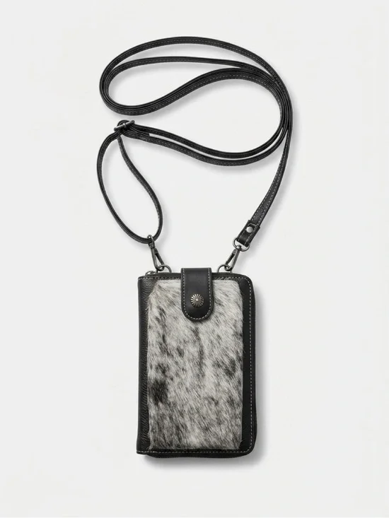 Montana West Black Crossbody Phone Wallet with Gray Haircalf Front