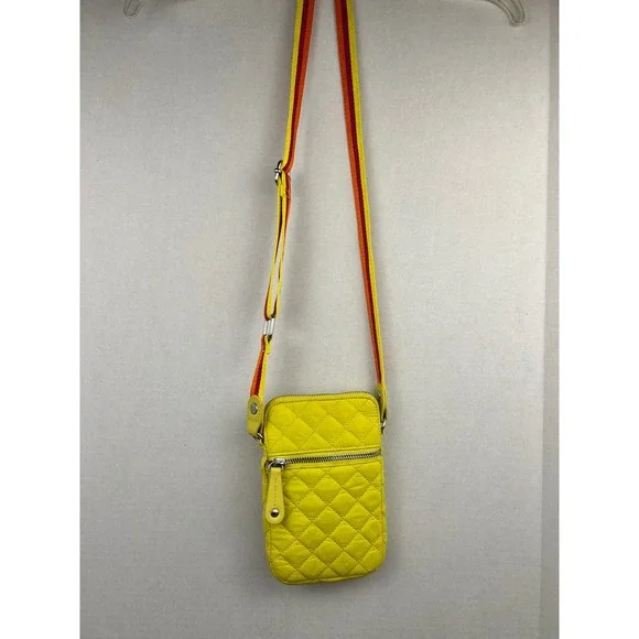 Sondra Roberts Squared Yellow Quilted Nylon Crossbody Phone Bag‎ Striped Strap