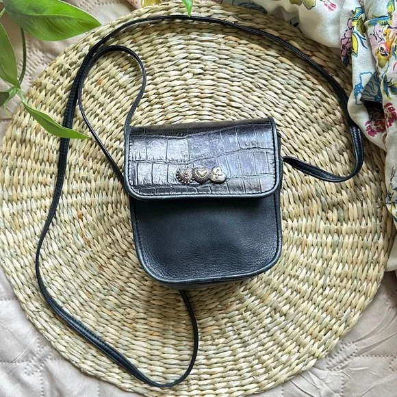 Brighton Vintage Black Leather Croc Embossed Heart Crossbody Mini Bag