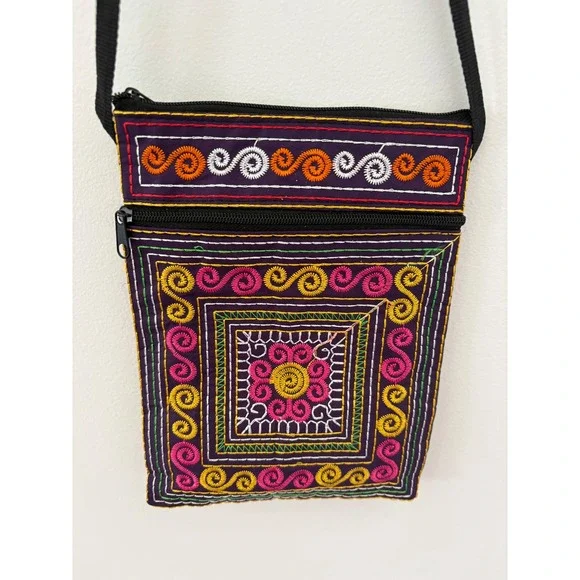 Purple‎ Embroidered Hmong Boho Crossbody Bag Geometric Tribal Festival 3 Zippers