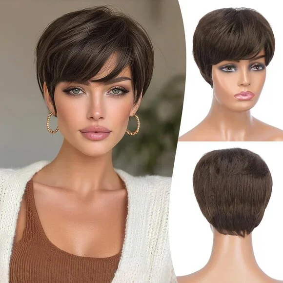 Cute Pixie Cut Wig for Women Brown with‎ Highlights