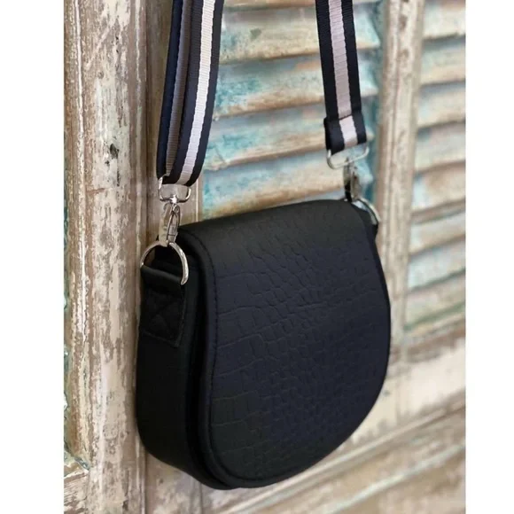 Prenelove Black Embossed Saddle Shoulder Crossbody Bag