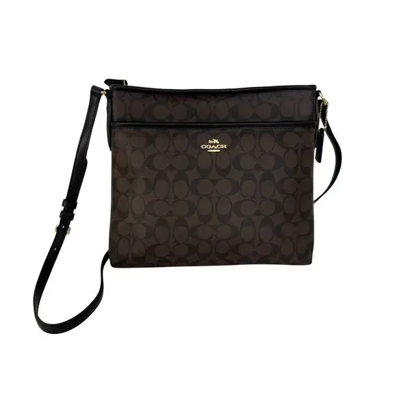 Coach File Crossbody Messenger Bag Signature Coated Canvas in Brown Black F34823