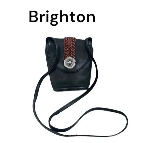 Vintage Brighton Black Brown Leather Flower Adorn Saddle Bucket Crossbody Bag
