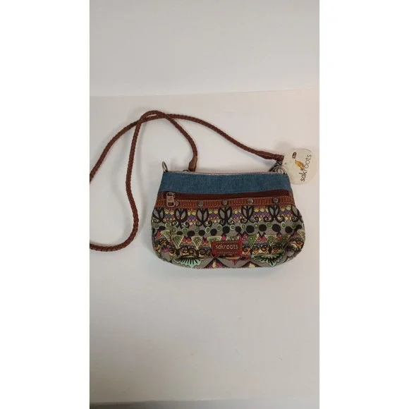Sakroots Peace Crossbody Purse Denim Leather Studded Multicolor Boho Bag