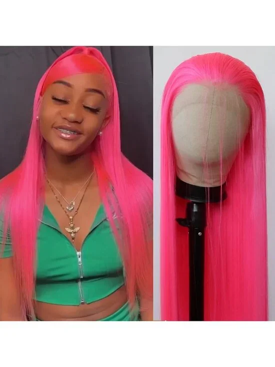 Vibrant Hot Pink Long Straight Lace Front Wig - Heat Resistant, Pre-Plucked Hair