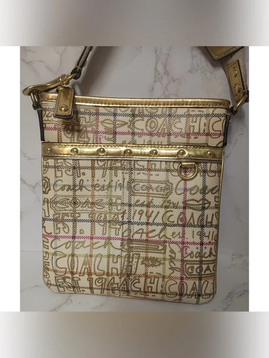 Coach Tattersall Graffiti swingpack crossbody bag cream and multicolor plaid