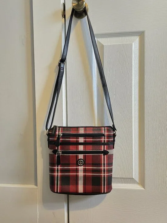 Giani Bernini Triple Zip Crossbody Shoulder Bag Red Plaid Silver