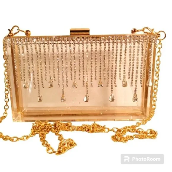 Clear Acrylic Rhinestone and Gold Hardbody Gold Chain Crossbody Clutch 7…