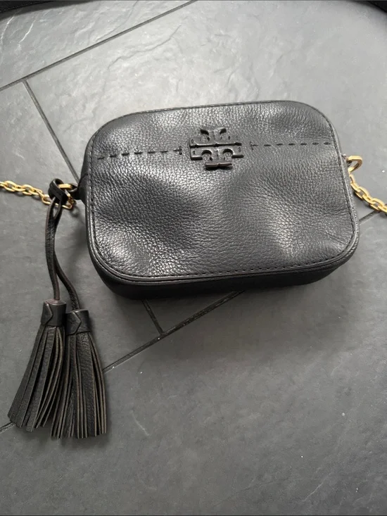 Tory Burch Black Pebbled Leather Crossbody with Tassel and Gold Chain